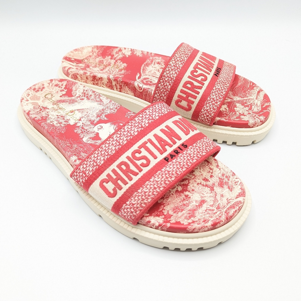 Christian Dior Embroidered Raspberry embroidered Toile de Jouy Dway Slides 40